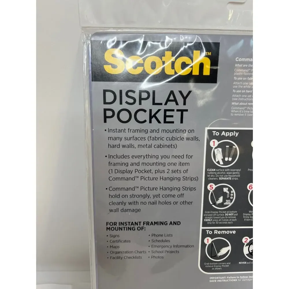 Scotch Display Pocket Removable Interlocking Fasteners Plastic 8-1/2 x 11 Clear